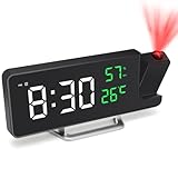 Foyucool Despertador con Proyección Alimentado por Red, Reloj de Mesilla con Respaldo por Batería, Proyector 180° Techo Pared, Cargador USB, Fecha Temperatura, para Dormitorio