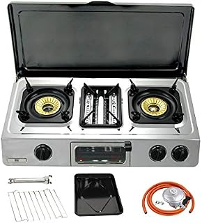 NJ G-87C Portable Camping Gas Stove 2 Burner Grill & Oven Stainless Steel Outdoor BBQ Cover (Butane 21mm Clip-on)