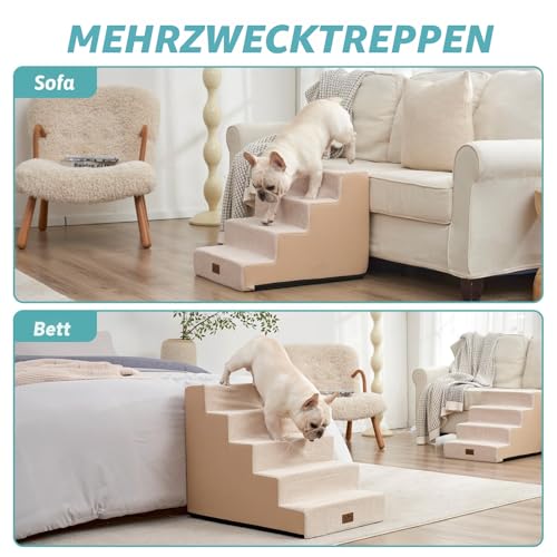 COZY KISS Hundetreppe für Kleine Hunde, 5 Stufen Breiter Haustiertreppe für Bett Couch Auto, 60cm Hoch Hochdichtem Schaumstoff Katzentreppe mit Abnehmbarem Bezug (Beige, 75x50x60cm, 5)