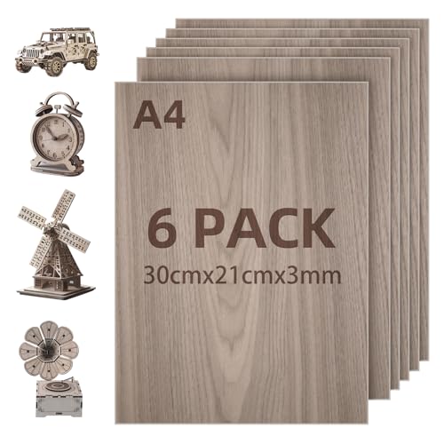 6 Piezas Madera Contrachapada 3mm,Hojas de Contrachapado de Nogal,A4 30 x 21cm,Madera sin acabado,Para Carpintería de Bricolaje, Procesamiento Láser, Fabricación de Modelos