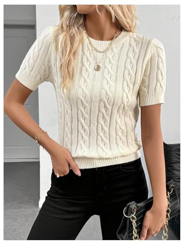 Women's Short Sleeve Cable Knit Sweater Crewneck Slim Fit Knit Pullover Tops Knitwear4