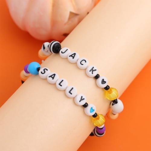 Halloween Matching Bracelets Set for Women, Skull Skeleton Jack Beaded Stretch Stack Couples Bracelets Relationship Anniversary Jewelry Gifts.2