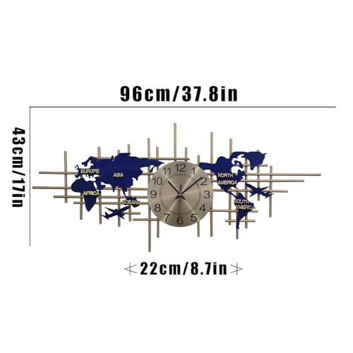Horloge murale moderne avec carte du monde bleue en métal pour décorer sans bruit le salon