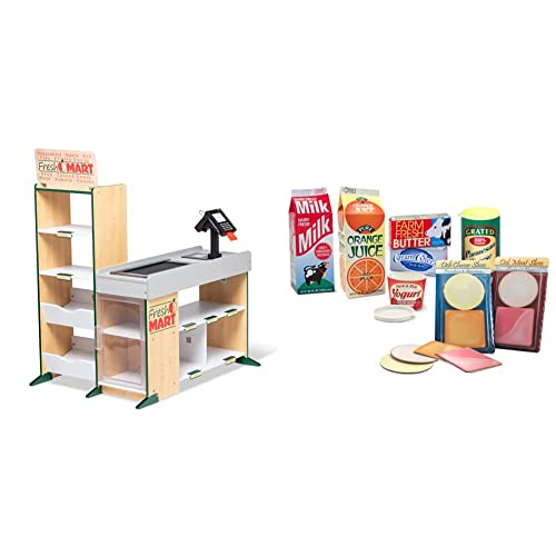 Melissa & Doug Freestanding Wooden Fresh Mart Grocery Store - Supermarket Pretend Play - FSC-Certified Materials & Fridge Groceries Play Food CartonsToy Groceries