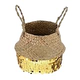 DIYEAH Cesta Decorativa Artesanal de Hierba Marina para Almacenamiento Multifuncional Cesta para Hogar Dormitorio y Oficina Mediano Dorado Oxidado