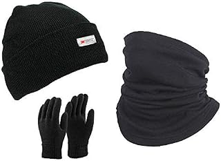 Thinsulate Lined Black Beanie Hat Scarf Gloves Set 3M Thermal Lined Winter Gloves Hat+Polar Fleece Neck Gaiter Unisex
