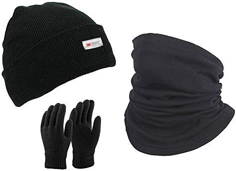 Thinsulate Lined Black Beanie Hat Scarf Gloves Set 3M Thermal Lined Winter Gloves Hat+Polar Fleece Neck Gaiter Unisex