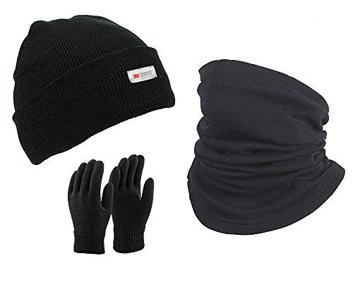 BonninThinsulate Lined Black Beanie Hat Scarf Gloves Set 3M Thermal Lined Winter Gloves Hat+Polar Fleece Neck Gaiter Unisex