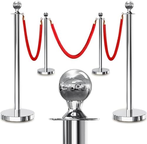 4PCS Silver Stanchions Posts with 3PCS 5 ft Red Velvet Rope, Red Velvet Rope Stanchion Set Crowd Control Barriers, Stanchions and Velvet Ropes Red Carpet Poles for Party Supplies