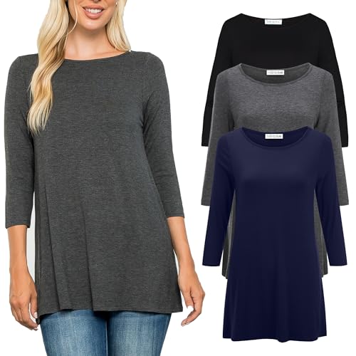 Free to Live 3 Pack 3/4 Sleeve Tunic Tops for Women Casual Long Shirts Loose Fit Dressy to Wear with Leggings Travel Clothes