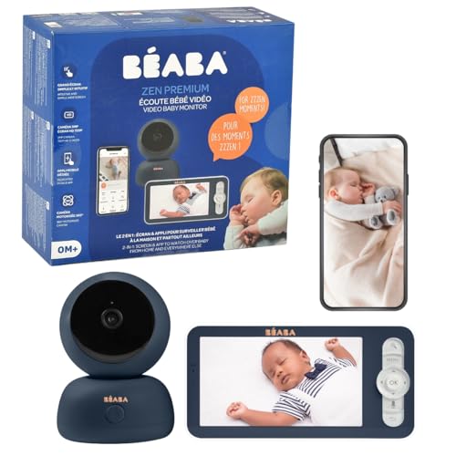 BÉABA - Monitor de bebé 2 en 1, Pantalla/aplicación móvil dedicada, cámara HD, rotación de 360°, visión Nocturna, walkie-Talkie, Canciones de Cuna, Control de Temperatura y Humedad, Zen Premium Blue