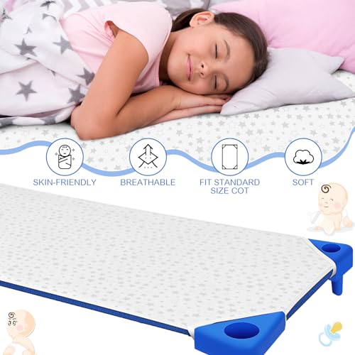 Image of Peryiter 12 Pcs Cot Sheets for Daycare Standard Size 24 inch x 51 inch Toddler Nap Mat Sheets Star Pattern with Corner Elastic Loops Breathable Bed Fitted Cot Crib for Preschool Child Kid Boy Girl (White)