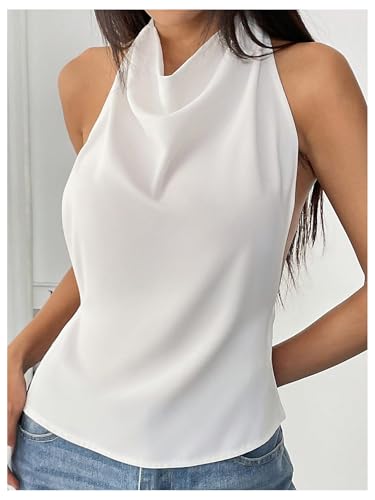 MakeMeChic Women's Halter Tops Open Back Sleeveless Satin Dinner Tops Tie Backless Fall Shirts4