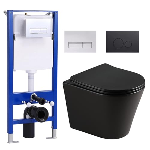 WC suspendu sans bord avec réservoir de chasse encastré, WC complet et élément de paroi avant, 2 WC, plaque de déclenchement WC, WC mural avec couvercle d'abaissement automatique Soft-Close, chasse WC