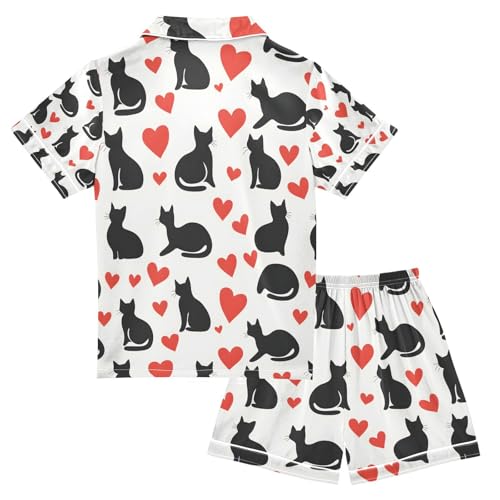 senya Silhouette Cats Hearts Satin Summer Pajama Sets Silk Short Sleeve Button Down Sleepwear2