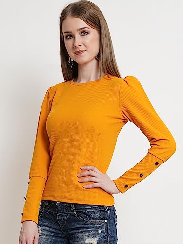Image of POPWINGS Casual Solid Puff Button Long Sleeves Top for Women || Summer Round Neck Stylish Western Top for Jeans