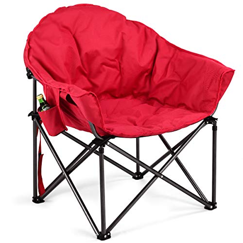 Giantex Chaise de camping pliante Moon Saucer Chair Chaise de canapé légère Chaise de plage ronde avec siège rembourré doux, porte-gobelet et chaises à cadre en métal pour la randonnée, le camping, la pêche ou le pique-nique (rouge)