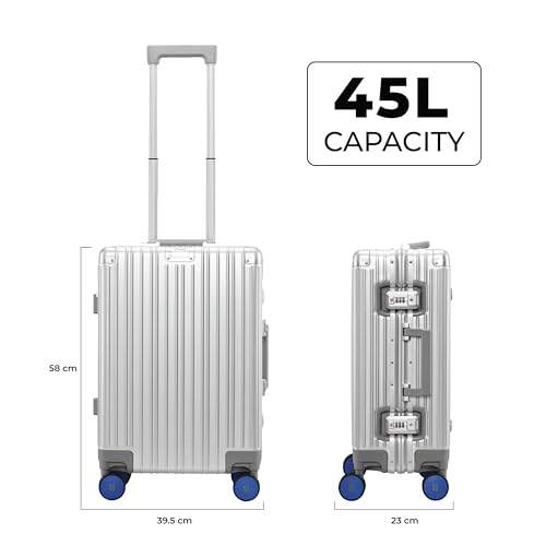 Image of EUME 100% Aluminium Cabin Trolley Bag Small for Travelling 50cm | Durable High-End 8 Silentrun 360 Degree Spinner Wheels | Premium Trolley Bag Small for Travel (Silver with Blue Wheels)
