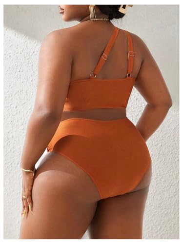 SweatyRocks Women's Plus Size 2 Piece Ruched One Shoulder High Waisted Tankini Swimsuit Bathing Suit2