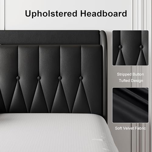 Image of Leather Full Size Bed Frame with Fast Charging Station,Full Metal Platform Beds with Upholstered Headboard & Footboard,12 inch Underbed Storage Space,Easy Assembly,Noise-Free,Black