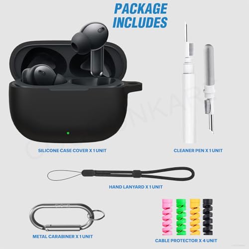 Image of Silicone Case Cover for Realme Buds T310 | Buds N1 with Cleaner Kit, Lanyard & 4 Pcs Cable Protectors (Black)