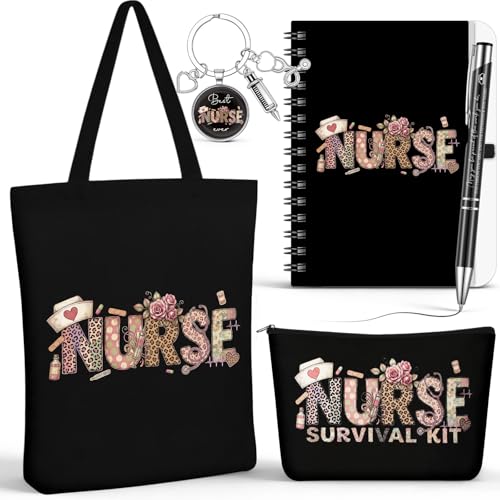 Kosiz 5 Pcs Nurse Gifts for Women, Cosmetic Bag, Canvas Bag, Coil Notebook, Ballpoint Pen and Keychain Inspirational Gift for Office School Graduation Teacher Coworker Christmas