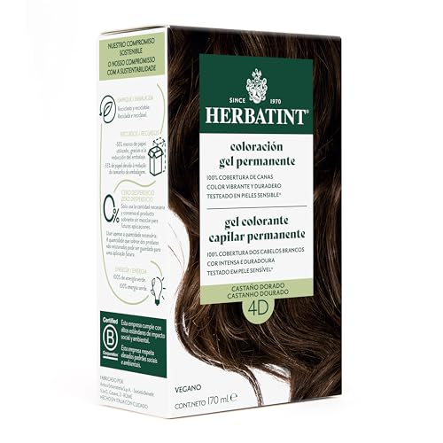 Herbatint Coloración Gel Permanente para Cabello 4D Castaño Dorado - 170 ml | Sin Amoniaco, Cobertura Óptima de Canas | para Pieles Sensibles, con 8 Extractos Naturales Bio
