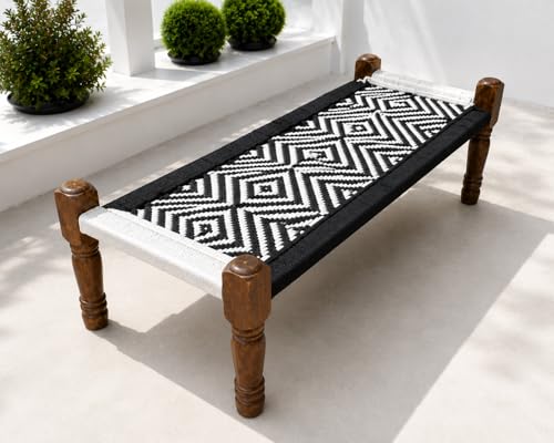 Image of Handwoven Wooden Bench | Traditional Rope Charpai Stool | Solid Wood Frame Seating for Living Room, Balcony & Outdoor | Durable & Stylish Design (Black & White Finish)
