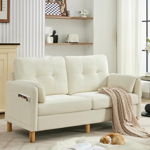65″ Chenille Loveseat Sofa, Modern 2-Seater Love Seat Couch with Armrest Pillows, Storage Pockets, Easy Assembly, Upholstered Tufted Loveseat Sofa Couches for Living Room Bedroom, Beige