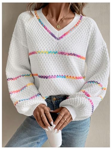 Verdusa Women's Striped Oversized Sweaters Vacation Drop Shoulder Pullover Rainbow Striped Sweater3