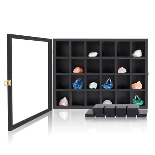 Adjustable Rock Display Case, Wooden Crystal Display Case with Acrylic Glass Lid and Shelves, Wall Mounted Rock Collection Box for Collectibles, Figure, Black