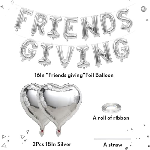 Image of Friendsgiving Balloons Friends Giving Party Decorations 16 Inches Tall Silver Heart Friendsgiving Foil Mylar Balloon Letter Banner for Fall Theme Thanksgiving Friends Party Backdrop Supplies