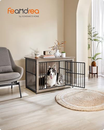 Feandrea Hundekäfig Möbel, Beistelltisch, Hundebox, Moderne Hundehütte Indoor für Hunde bis zu 32 kg, hochbelastbar, geschlossener Boden, Hundehaus 2 Türen, Greige meliert PFC023G01