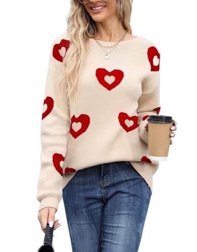 Image of Womens Cute Heart Sweater Crew Neck Long Sleeve Pullover Valentines Sweater