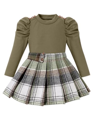 Image of Fuermos Toddler Girl Clothes Puff Sleeve Top and Pleated Girls Plaid Skirt Set 2PCS Girls Outfits Fall Winter