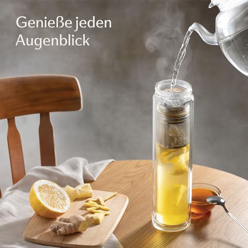 Cosumy Teeflasche mit Sieb to Go 500ml - Doppelwandiges Glas mit Filztasche - Hitzebeständig - Auslaufsicher...