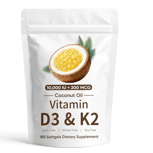 SCEZROB Naturals D3 K2 Vitamin D3 10000 IU + K2 200 MCG Vitamin D3 & K2 Coconut Oil Softgels Capsules for Bone Immune Health Boosts Energy & Calcium Absorption 180 Gels (1)