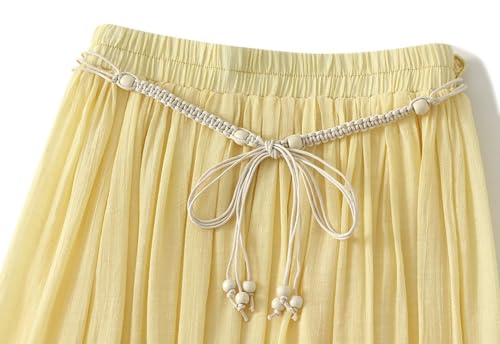 Womens Cotton Linen Skirt Elastic Waist Pleated Skirts Drawstring A-Line Midi Skirt Loose Fit Casual Trendy Skirts3