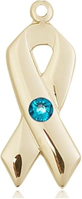 14kt Yellow Gold Cancer Awareness Medal with 3mm December Blue Crystal 7/8 X 3/8 inches