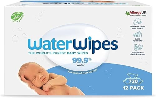 WaterWipes Lingettes Bébés Originales Exemptes De Plastique 720 Unités 12 Paquets Lingettes à Base d'Eau à 99 9 % Non Parfumées pour les Peaux Sensibles
