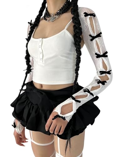 Women's Mesh Lace Shrug Crop Top Y2K Aesthetic Grunge Arm Sleeves Cardigan with Bow Going Out Shirts Summer