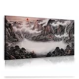 中国インク風景アートキャンバス写真壁山脈谷霧赤太陽壁アート特大リビングロビールーム装飾65x130cmインナーフレーム