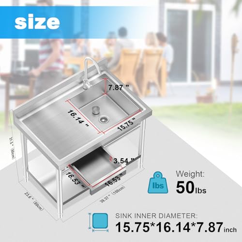 Image of 39 inch Stainless Steel Utility Sink with Workbench & Drawer, Laundry Sink