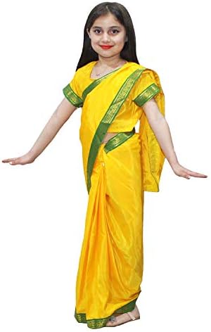 Kaku Fancy Dresses Indian Traditional Wear Pre-Stiched Saree with Blouse -Yellow-Black, 3-4 Years, for Girls