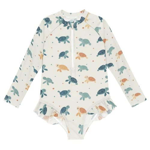 Girls Swimsuit Cute Turtles Dots Long Sleeve One Piece Bathing Suit for Kids UPF 50+ Rash Guard Swimwear 3-12