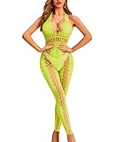 RSLOVE Damen Dessous Netz Bodystocking   Fischnetz Bodysuit Sexy Nachtwäsche Gelb One size