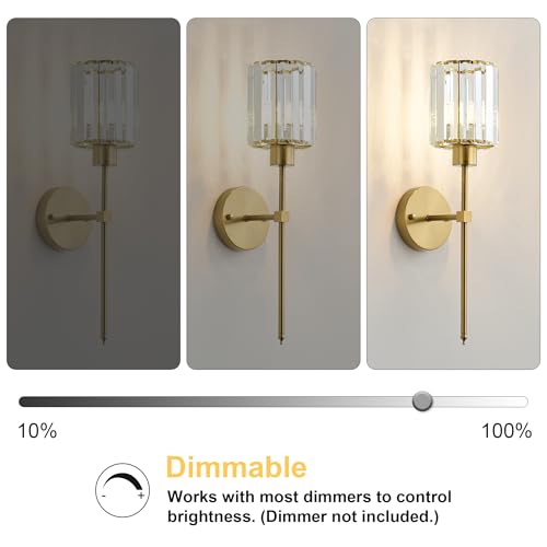 Image of KARTOOSH Hardwired Crystal Wall Sconces Set of 2 | 20.1 Inch Brass Wall Lights Dimmable 3000K Warm White Wall Lamps for Hallway, Bathroom, Living Room, Bedroom