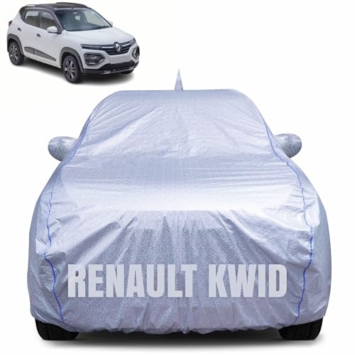 Image of 100% Waterproof Car Body Cover for Renault Kwid with Mirror Pocket, Heat & UV Resistant, Triple Stitched, Soft Lining, Bottom Elastic & Piping (Silver Reflective)
