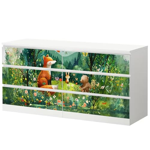 Sunnywall® Möbelfolie passend für IKEA Malm Kommode Schrankfolie Aufkleber mit Waldtiere am See Motiv | blasenfrei verkleben | Kinderzimmer 6er 160 cm