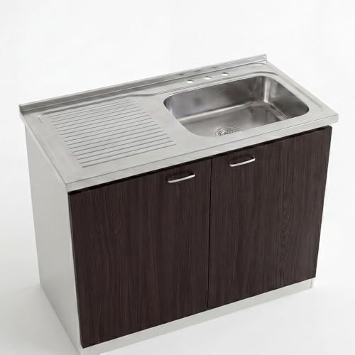 Image of Tuhome Napoles Utility Sink Cabinet for Kitchen Use with Integrated Stainless Steel Sink and Stainless Steel Countertop, Double Door Storage Cabinet with Interior Shelf for Kitchen, Laundry or Utility